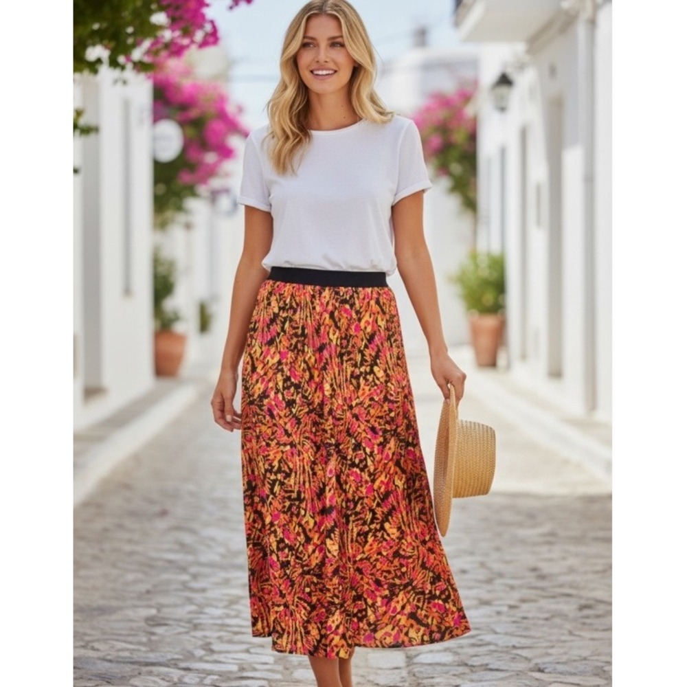 Allison Brittney Abstract Pleated Maxi Skirt Womens S Orange Black Flowy Resort